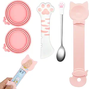 5 PCS Cat Food Can Covers Lids Set, Silicone Pet Food Can Lids with Multi-Function Cat Food Spoon and Opener, Cat Bar Squeezer, Stainless Steel Wet Food Spoon for Cats and Dogs (Pink) (Pink)