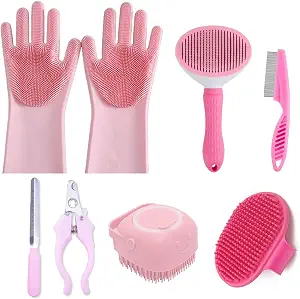 8PCS Dog Bath Supplies Set?Dog Washing Gloves?Shampoo Brush, Shedding Slicker Brush?Complete Pet Grooming Kit for Dog&Cat and Small Animal Grooming(8PCS-Bath-Pink)