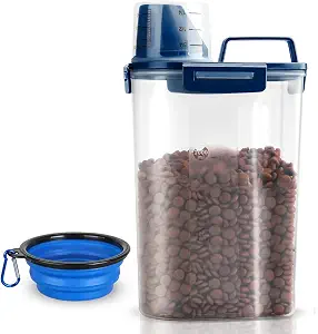 TIOVERY Upgraded Dog Food Storage Container Small, Cat Food Container Airtight, Pet Food Container Dispenser with Pour Spout, Measuring Cup and 4 Seal Buckles for Dogs, Cats, Birds (Blue)