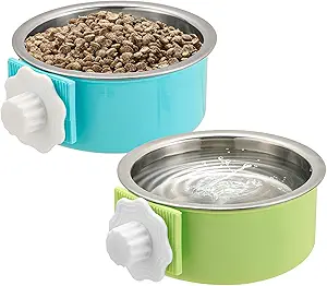 Mechpia 2 Pieces Crate Dog Bowl, Removable Stainless Steel Pet Kennel Hanging Food Water Feeder Bowl Cage Coop Cup for Puppy Medium Dog Cat Rabbit Ferret Bird (Blue,Green)