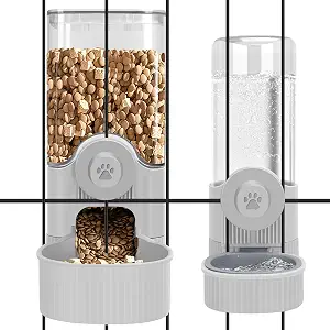 Hanging Cage Auto Small Pet Feeder Waterer Set for Puppy Cats, Grey