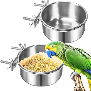 2 Pack Bird Feeding Bowls Cups Parrot Food Water Dishes, Stainless Steel Bird Bowl Cup Dish with Clamp, Birdcage Feeder Pet Cage Bowls for Parrot Cockatiel Budgie Conure Parakeet Small Animal