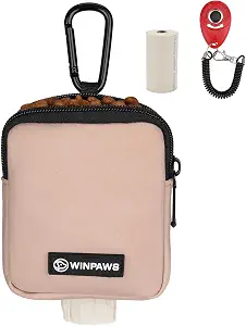Dog Treat Pouch with Training Clicker,Waterproof Nylon Fabric Poop Bag Holders for Leashes,Hands Free Small Dog Walking Bag with Carabiner, Pet Puppy Training Walking Essentials (Coffee)