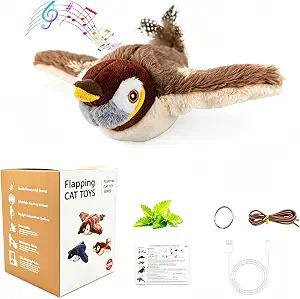 Upgraded Flappy Chase Interactive Chirping Bird Cat Toy with Flapping Wings,No Flying, Interactive Simulation Electric Cat Toy for Cats Dogs-Cat Toys Touch Activated, Rechargeable