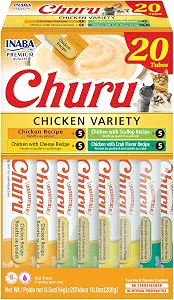 INABA Churu Cat Treats, Lickable, Squeezable Creamy Pur?e Cat Treat with Green Tea Extract & Taurine, 0.5 Ounces Each Tube, 20 Tubes, Chicken Variety Box