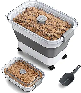 Dog Food Storage Container, 15-23 Lbs Collapsible Dog Food Container with Transparent Airtight Lid, Wheels and Scoop, Travel Pet Food Storage Container for Cat, Dog and Bird, Keep Dry Food Fresh